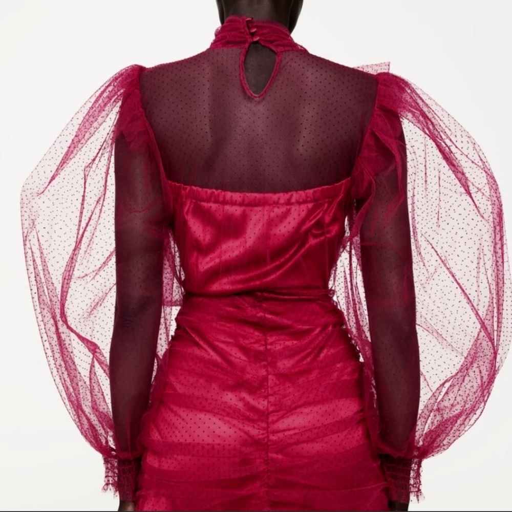 ZARA Tulle Swiss Dot Puff Sleeve Ruche Mini Dress Valentines Day Stunner 💋 - Picture 8 of 9